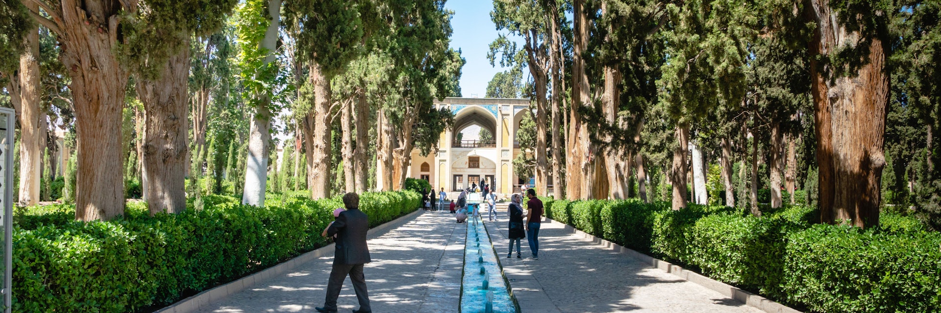 Kashan, Iran - June 2018: Fin Garden in Kashan, Iran  and visitors - Fin Garden is one of the most famous royal gardens in Iran.