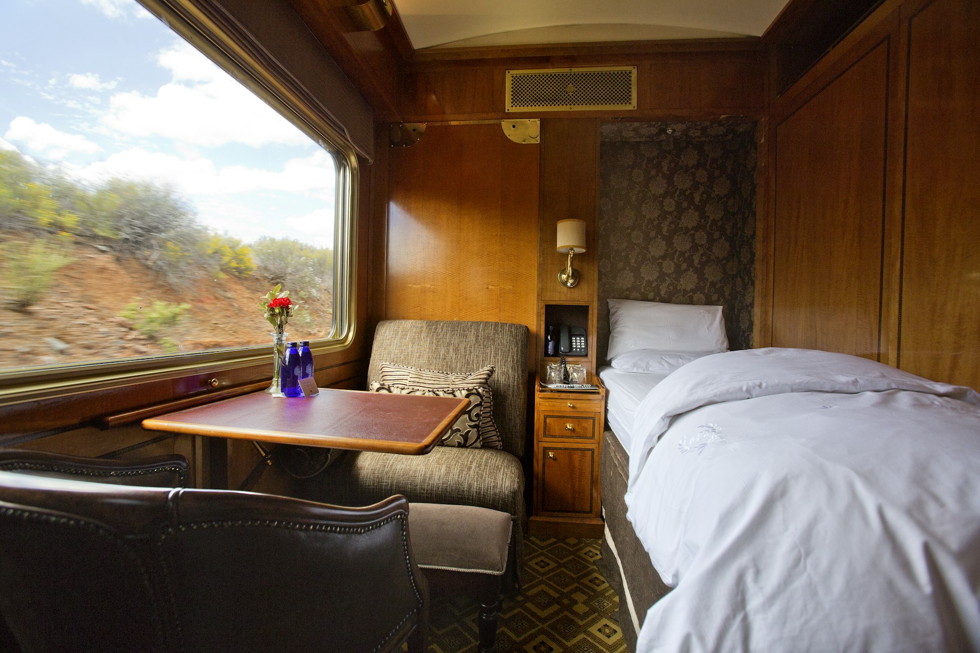 Interior of a sleeping cabin on The Blue Train in South Africa