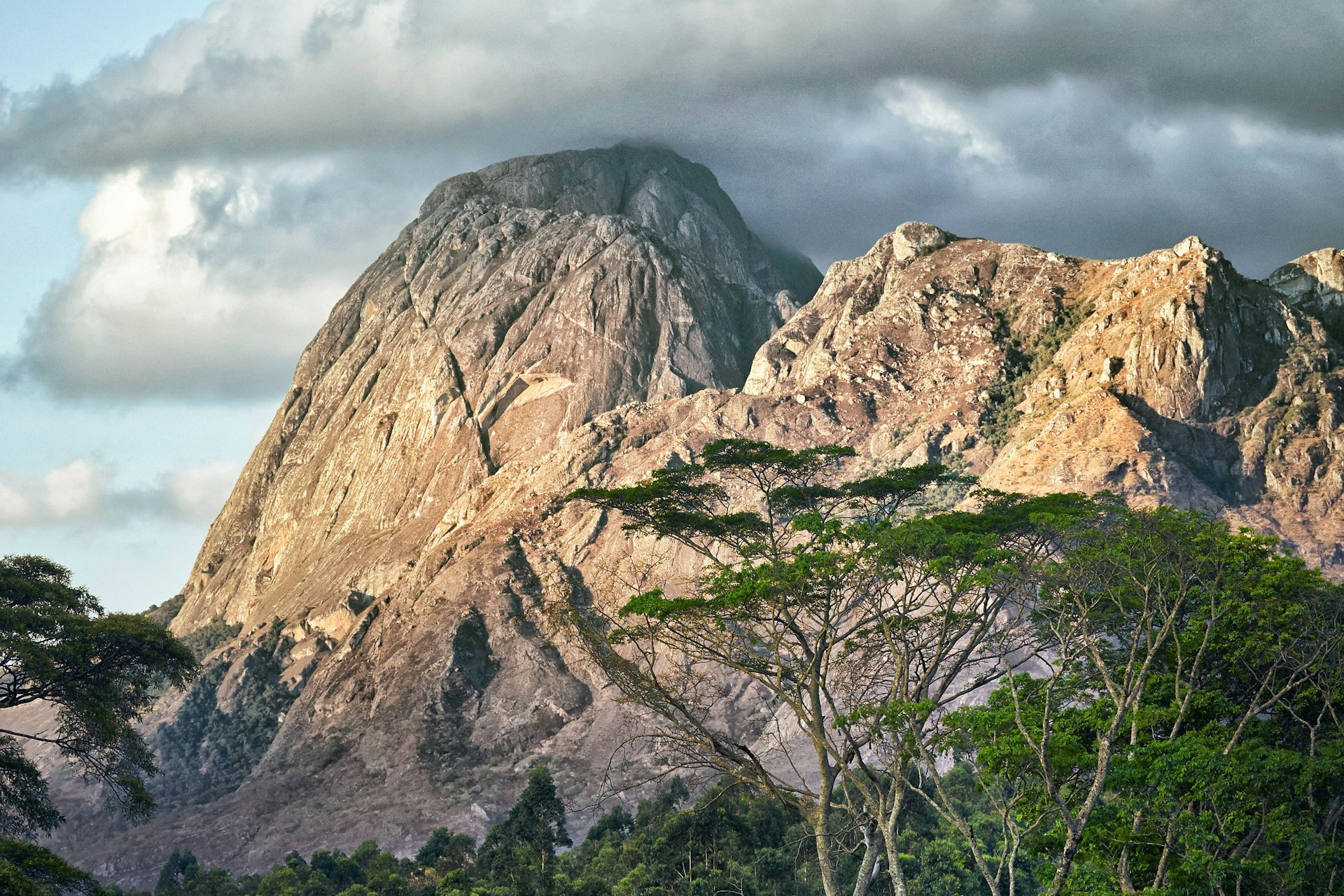 Clouds cling to the rocky outcrops of Mulanje Mountain, which towers about a forest