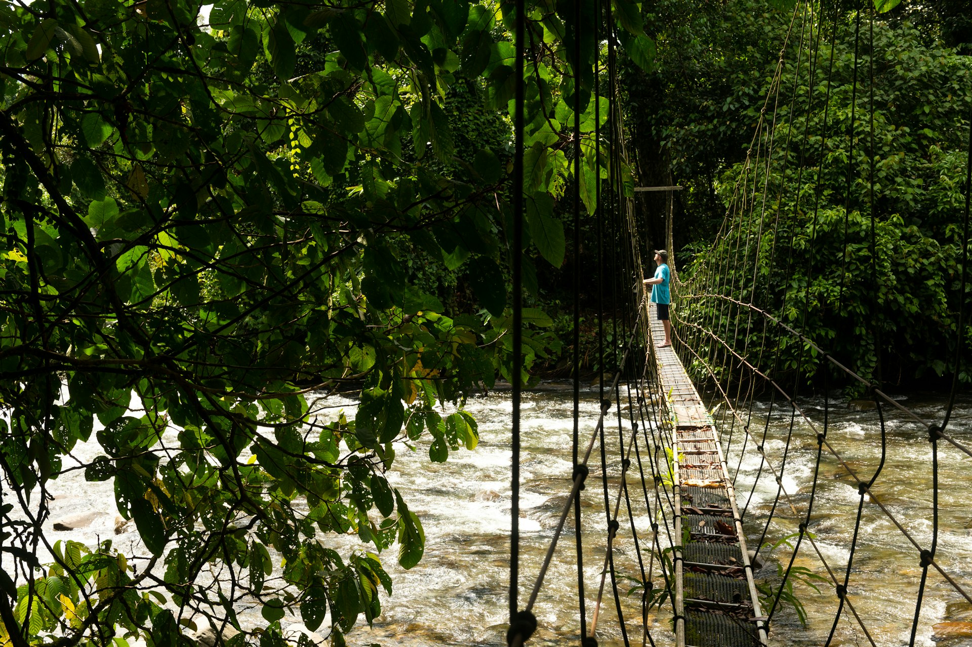 A solo hiker stands on a rope bridge over a river in the jungle 