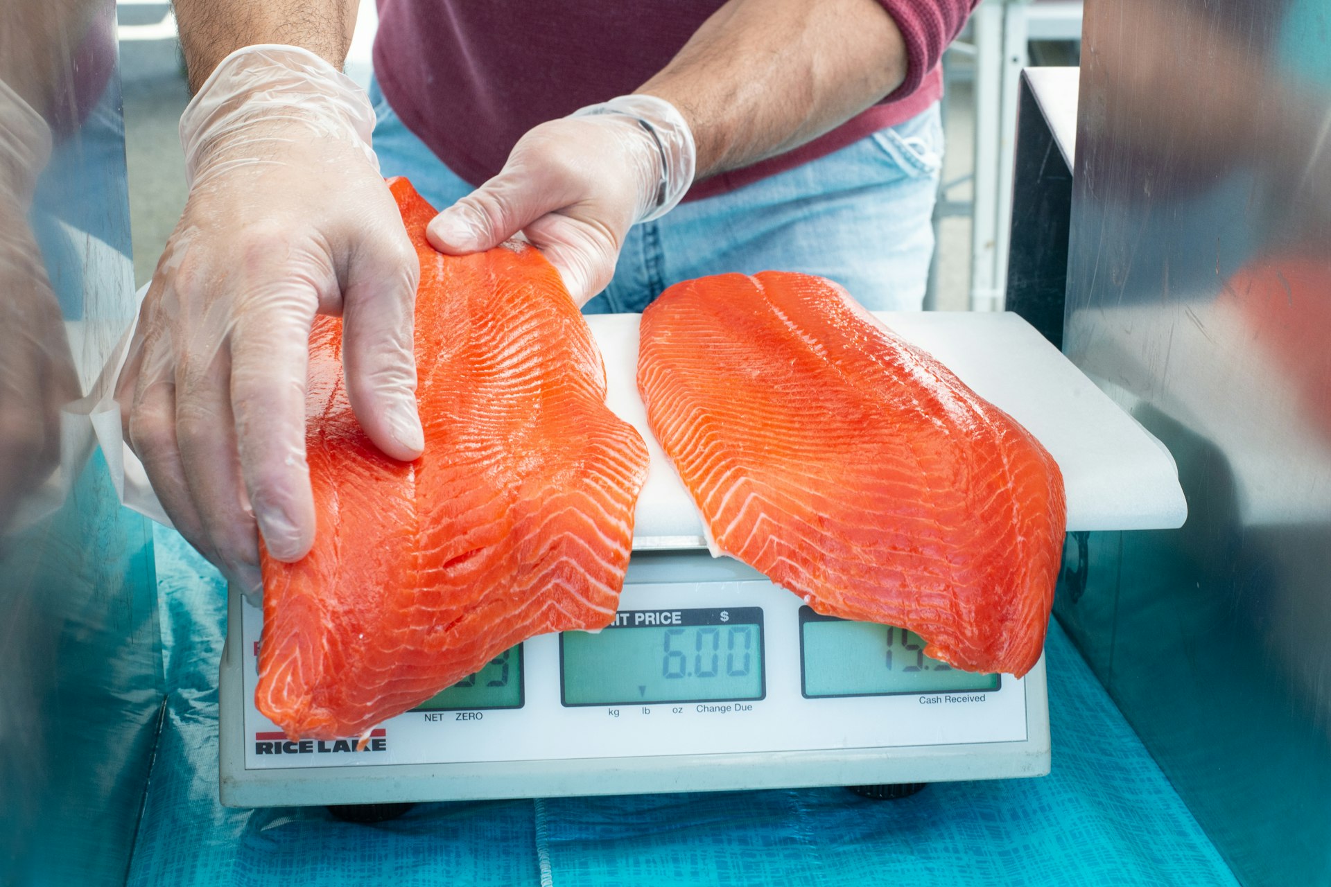 Close up of gloved hands preparing fillet of salmon