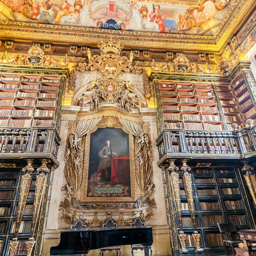 Coimbra, Portugal - July 16, 2019: The Johannine Library (Portuguese: Biblioteca Joanina) is a Baroque library situated in the heights of the historic centre of the University of Coimbra University
