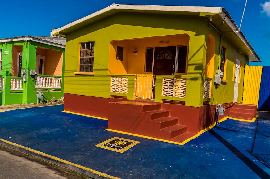 Exterior shot of the multi-colored house of international pop star Rihanna's childhood home in Barbados. 