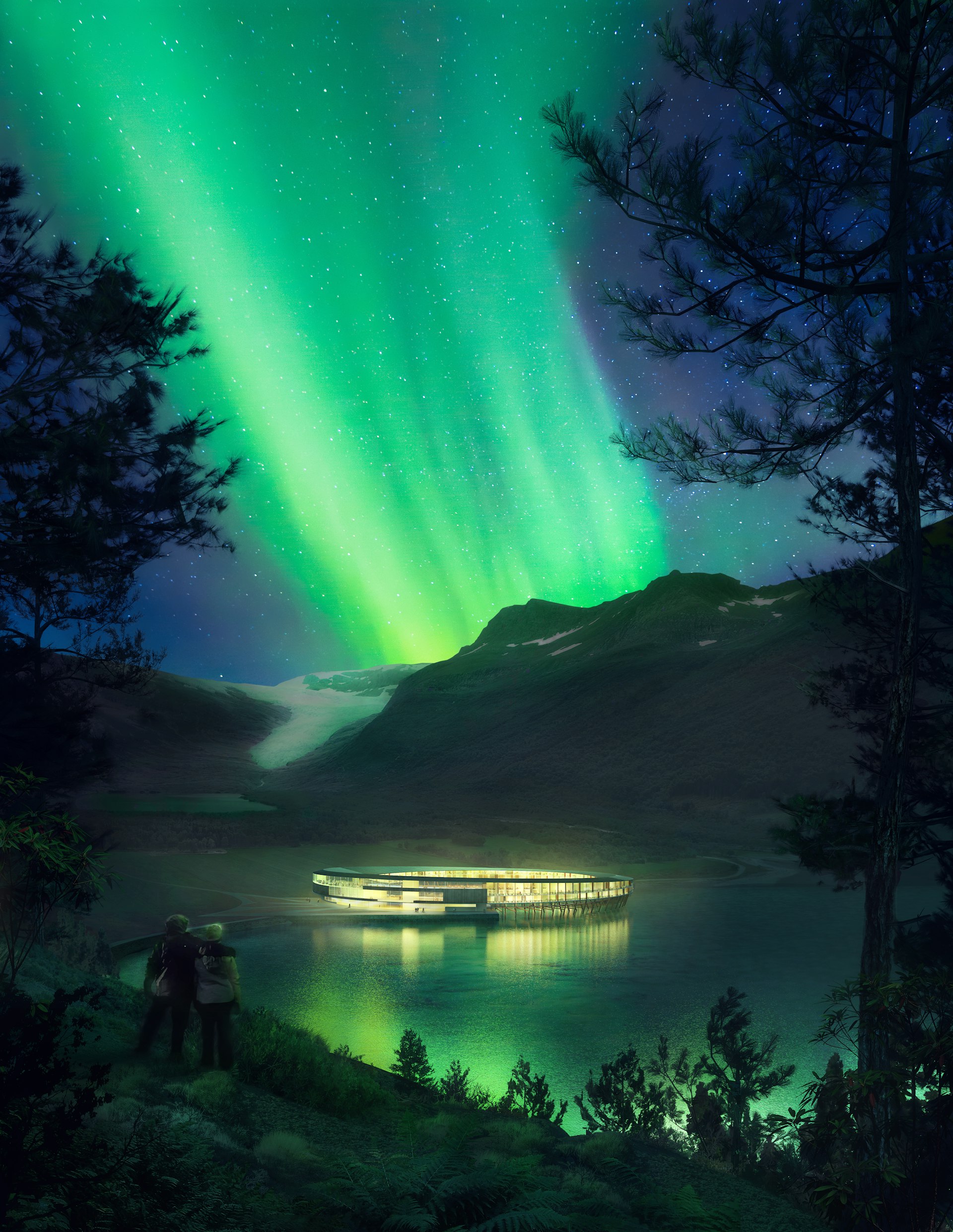 The Northern Lights as seen from the new Svart hotel in Meløy, Norway