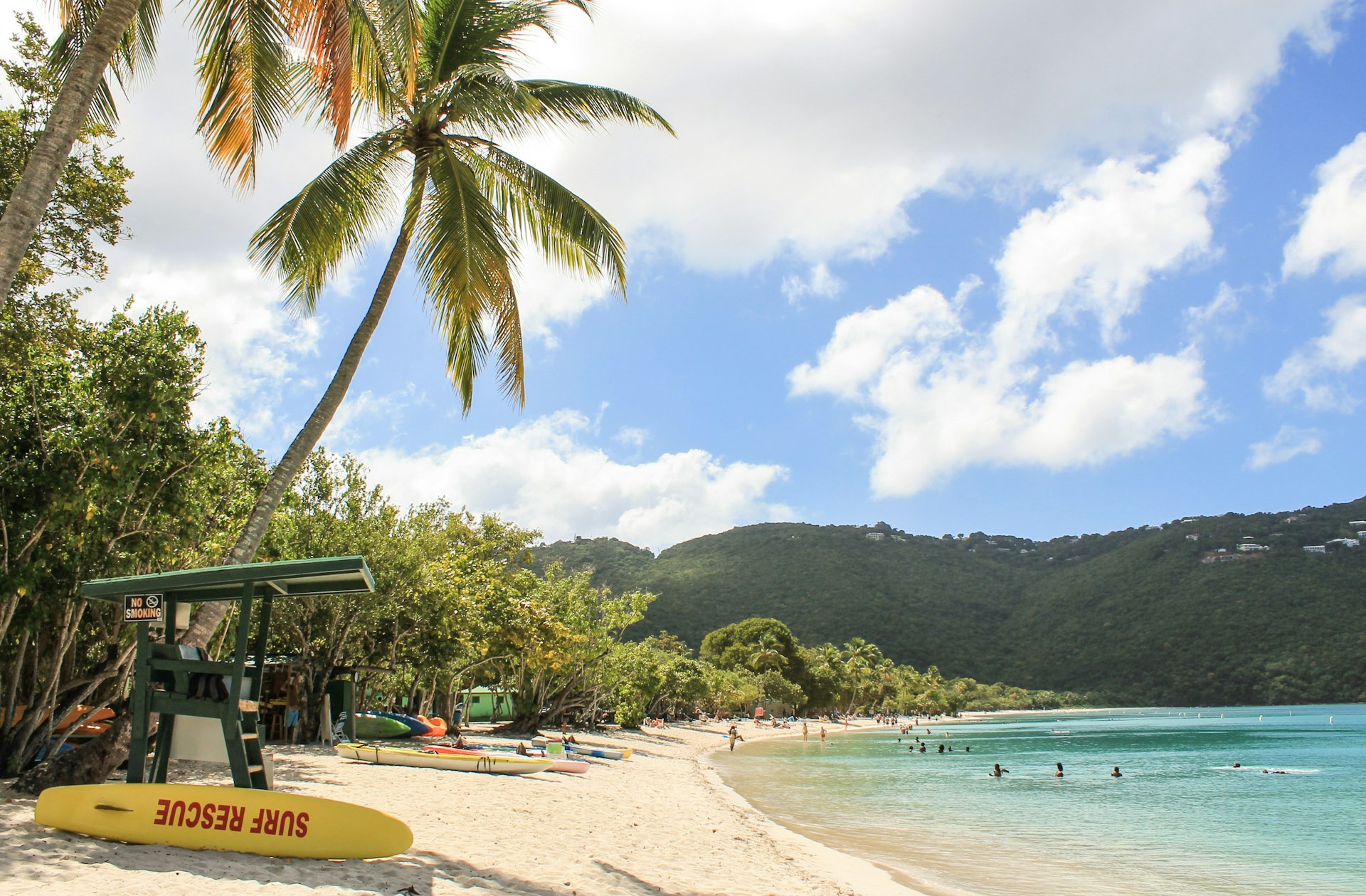 A Caribbean beach with a lifeguard stand in the US Virgin Islands