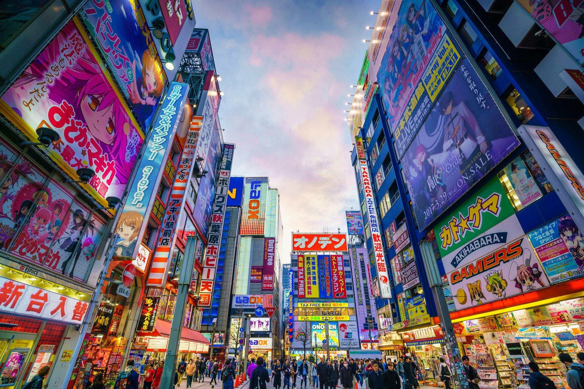 Neon signs and billboards in Akihabara at twilight