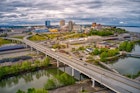 Aerial view of downtown Anchorage, Alaska's skyline during summer