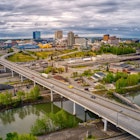 Aerial view of downtown Anchorage, Alaska's skyline during summer