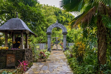 Kauai, Hawaii - December 5, 2021: The entrance to the Hindu Monastery on Kauai Island, Hawaii