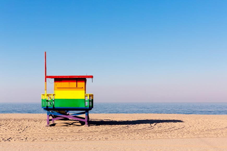 Lifeguard tower colored in rainbow colourss, Venice Beach, Los Angeles