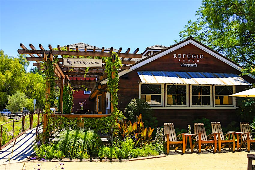 The exterior facade of the Refugio wine tasting store in Los Olivos, CA