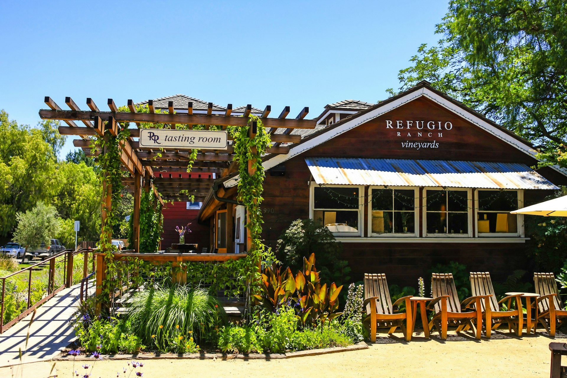 The external facade of the Refugio wine tasting store in Los Olivos, CA