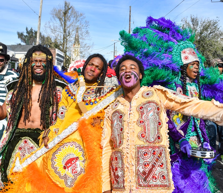NEW ORLEANS, LOUISIANA - MARCH 05: (L-R) Lawrence Boudreaux, Marwan Pleasant, Jwan Boudreaux, and Nigel Pleasant of the Golden Eagles Mardi Gras Indians face off with another tribe on March 5, 2019 in New Orleans, Louisiana. (Photo by Erika Goldring/Getty Images)