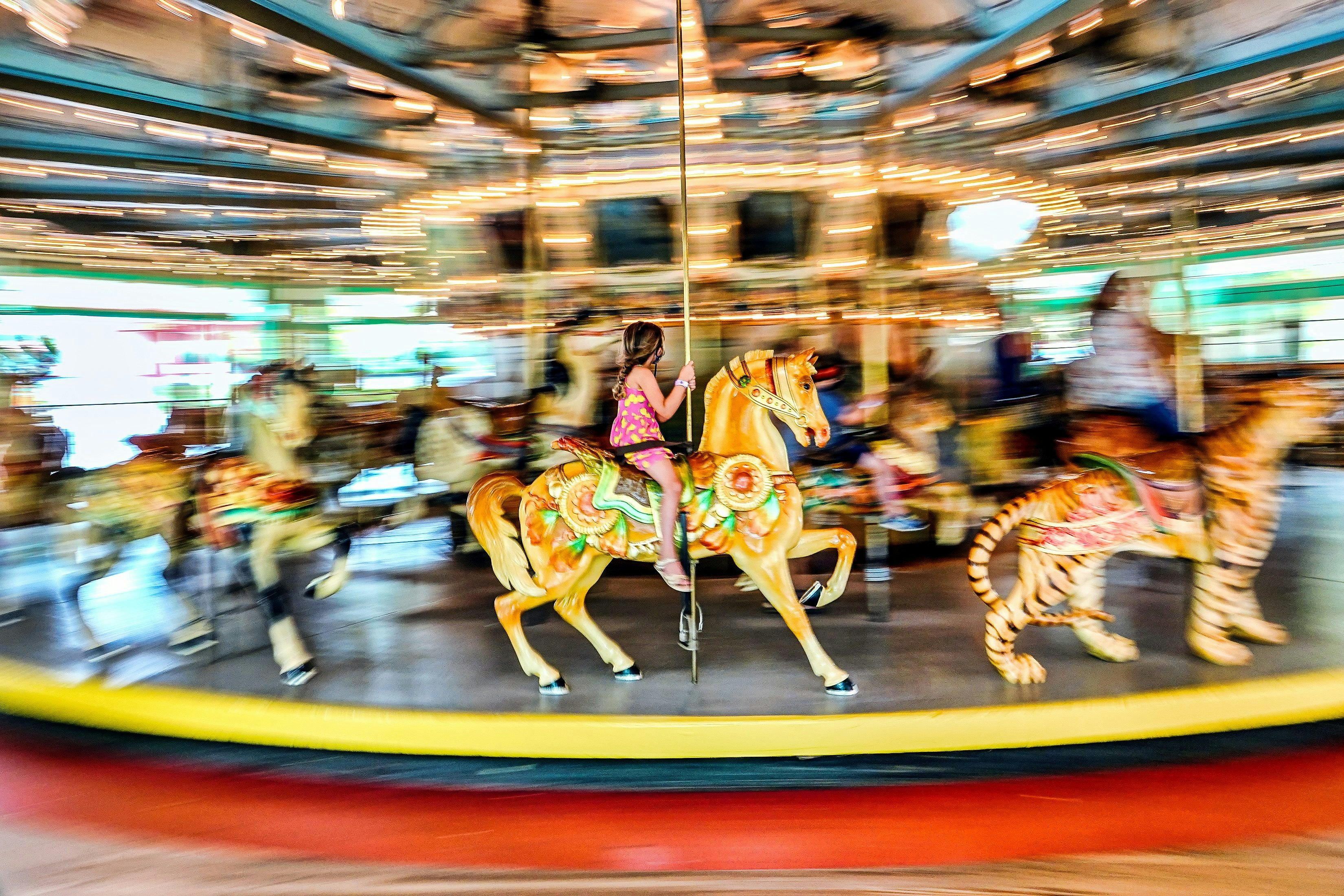 Glen Echo, Maryland, United States-July 22, 2021 1921 era Carousel in Glen Echo Park, Maryland; Shutterstock ID 2013394772; your: Bridget Brown; gl: 65050; netsuite: Online Editorial; full: POI Image Update