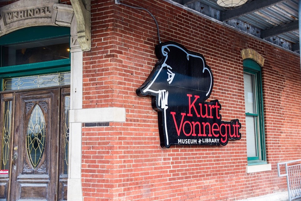 Indianapolis, Indiana, USA - October 16, 2021:  The sign for the Kurt Vonnegut Museum and Library.; Shutterstock ID 2060461757; your: Bridget Brown; gl: 65050; netsuite: Online Editorial; full: POI Image Update