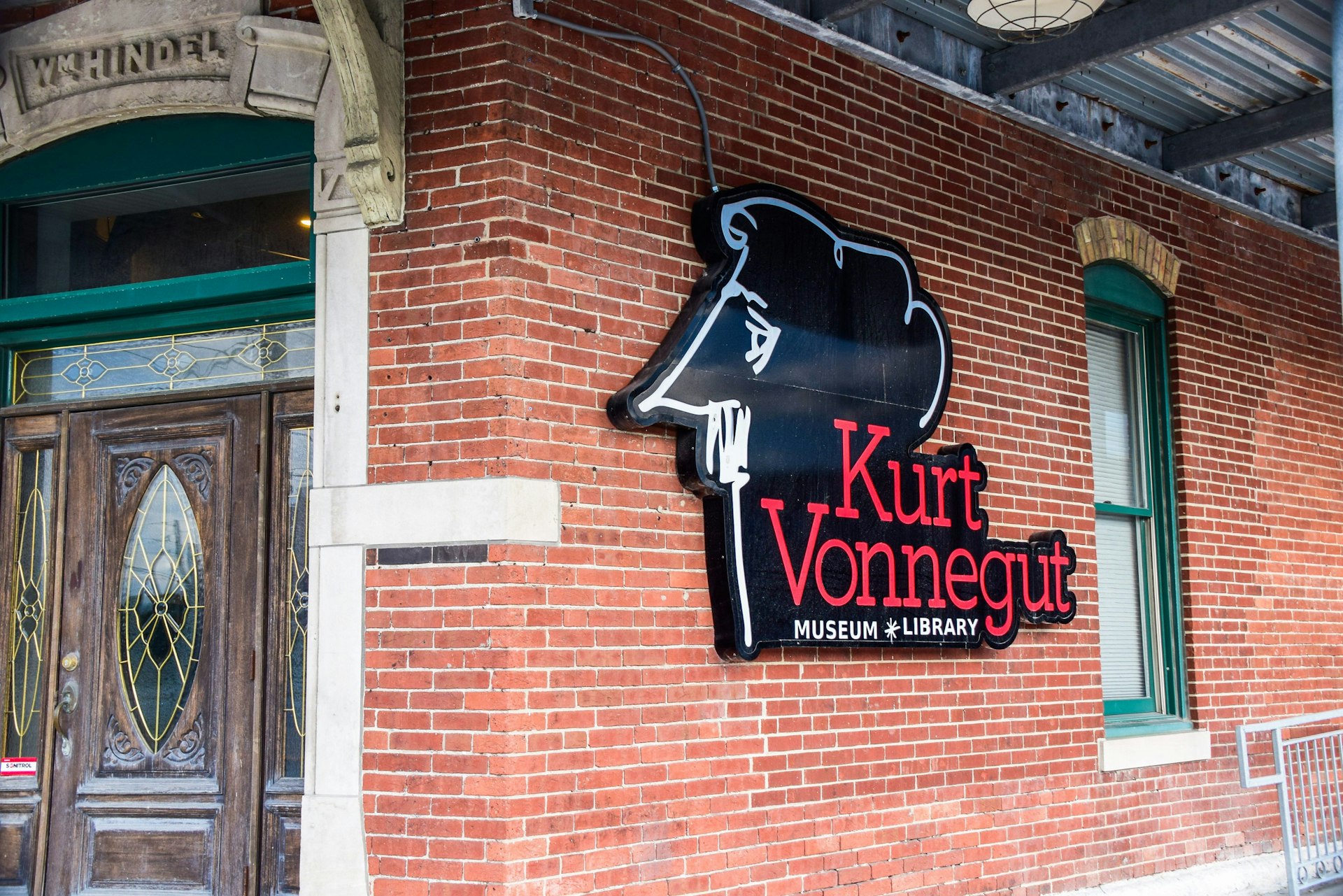 The sign for the Kurt Vonnegut Museum and Library