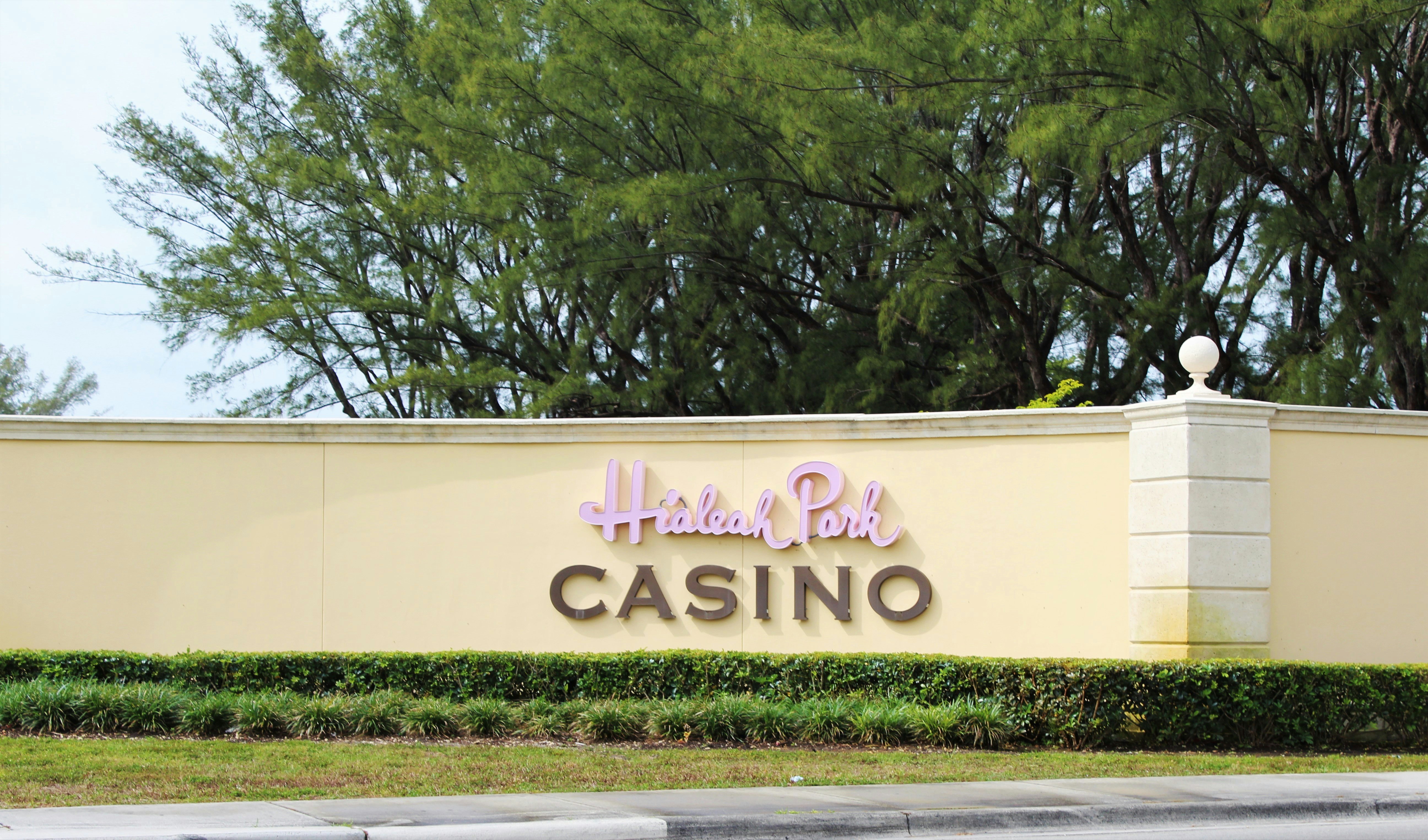 Hialeah, Fl, USA: April 2021: Outdoor sign for Hialeah Park Casino. ; Shutterstock ID 1958803822; your: Bridget Brown; gl: 65050; netsuite: Online Editorial; full: POI Image Update