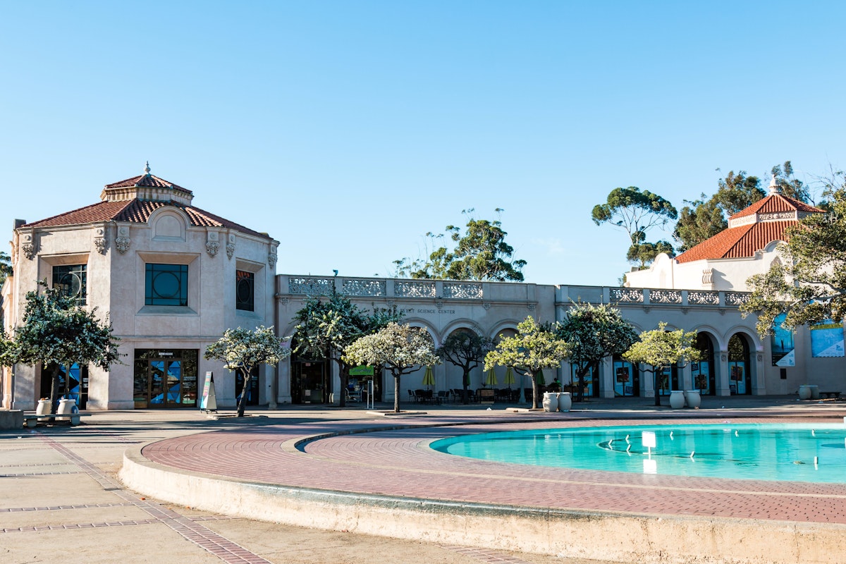 SAN DIEGO, CALIFORNIA - FEBRUARY 17, 2018: The Fleet Science Center, a science museum and planetarium, along with the historic Bea Evenson fountain, both located in Balboa Park, an urban city park.; Shutterstock ID 1027097284; your: Bridget Brown; gl: 65050; netsuite: Online Editorial; full: POI Image Update