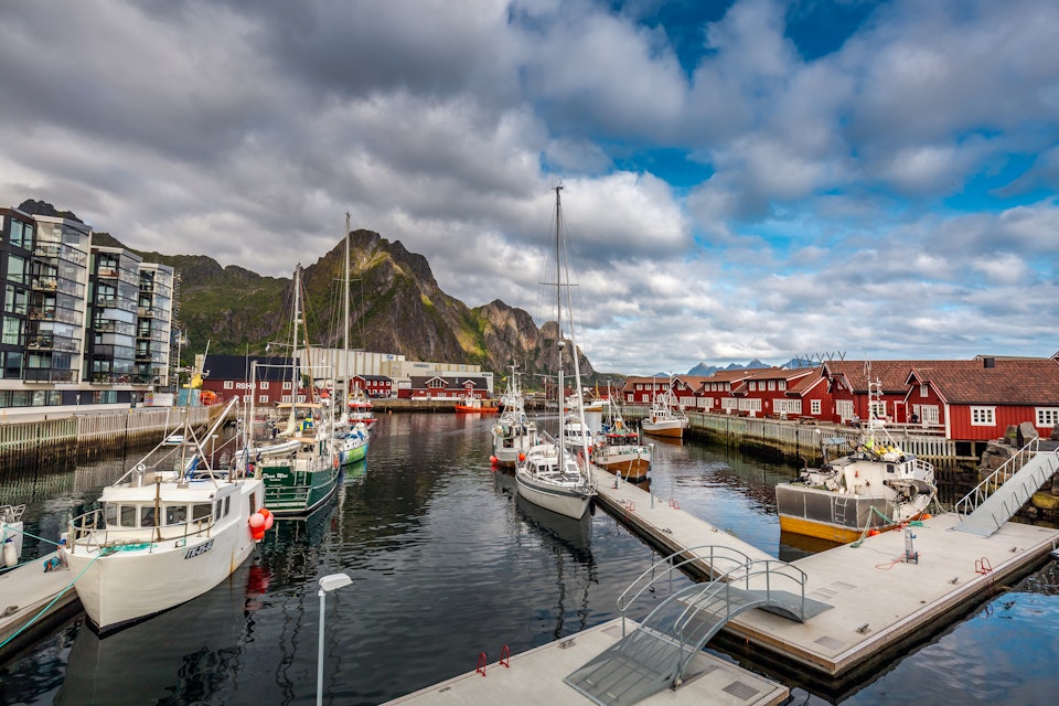 Sailing boats at Svolver is the administrative centre of Vagan Municipality in Nordland County, Norway. It is located on the island of Austvagoya in the Lofoten archipelago, along the Vestfjorden. Svolver, Norway - August 24 2019.