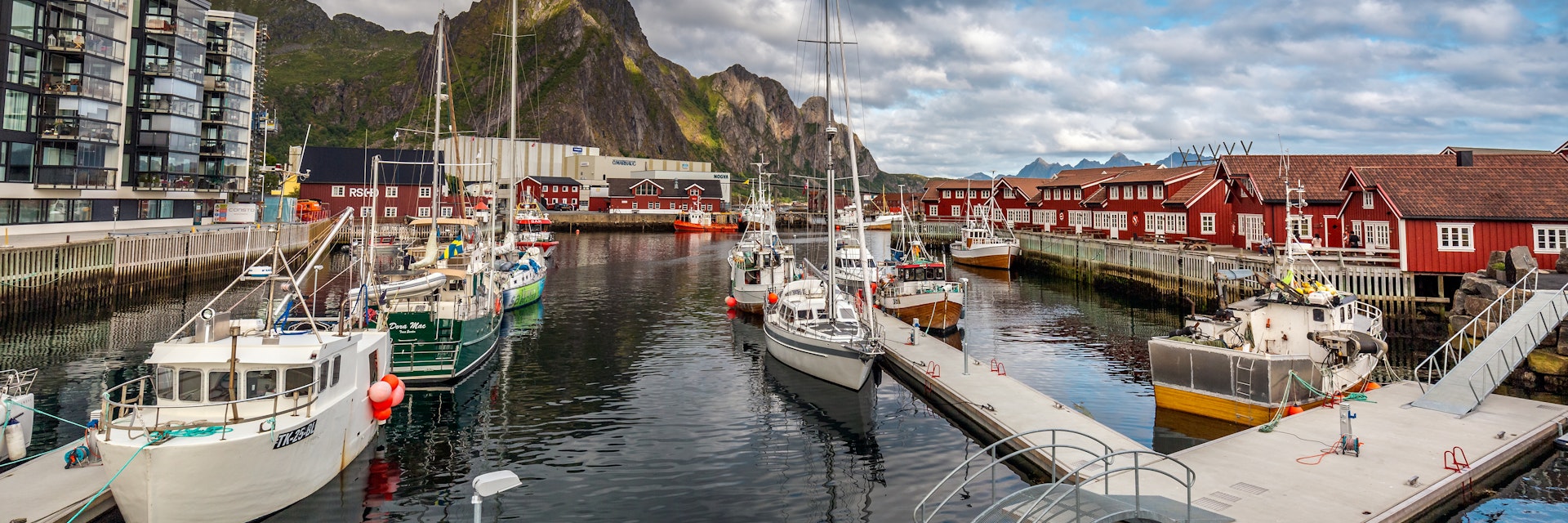 Sailing boats at Svolver is the administrative centre of Vagan Municipality in Nordland County, Norway. It is located on the island of Austvagoya in the Lofoten archipelago, along the Vestfjorden. Svolver, Norway - August 24 2019.