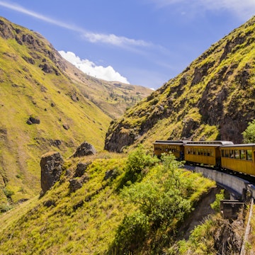 Stunning view of Devil's Nose train running on beautiful andean landscape, Alausi, Ecuador