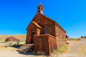Bodie state historic park of California, United States of America. Methodist Church of 1882 with bell tower of the antique Bodie Californian Ghost Town, close to Yosemite national park.