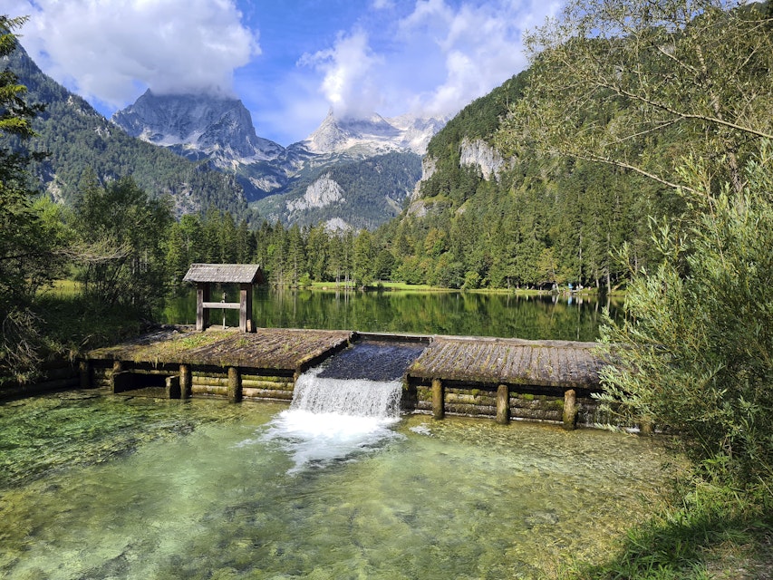 Austria, weir on the small lake called Schiederweiher in the Kalkalpen National Park which was voted the most beautiful place in Austria in 2019, located in the Pyhrn-Priel holiday region in Upper Austria