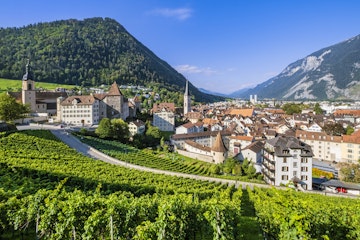 Panorama of the beautiful old town of Chur, the capital town of the Swiss canton of Graubunden.