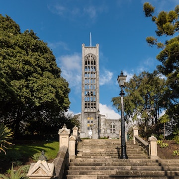 Neo-gothic cathedral with staircase in Nelson, New Zealand