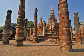 The Wat Mahathat temple in Sukhothai near Phitsanulok in Thailand.