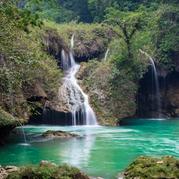 emerald pool and waterfall in gorgeous Semuc Champey national park