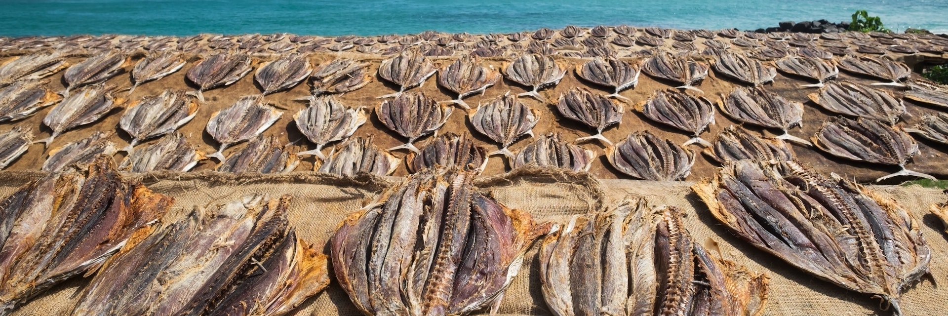 Traditional salted fish drying on racks in Midigama Srilanka. Local way of preparing delicious fish