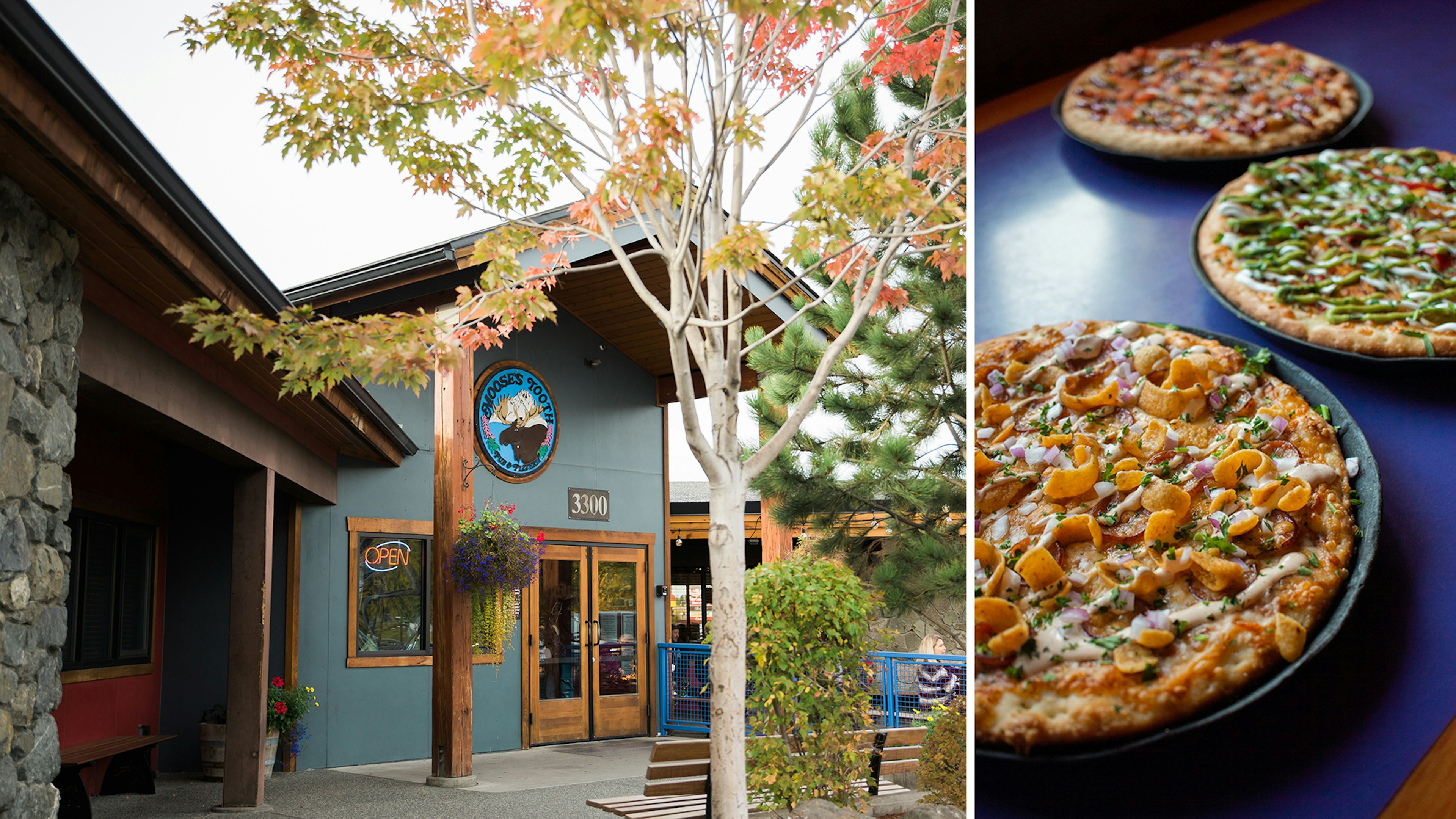 Two images of the entrance of Moose's Tooth Pub and pizza