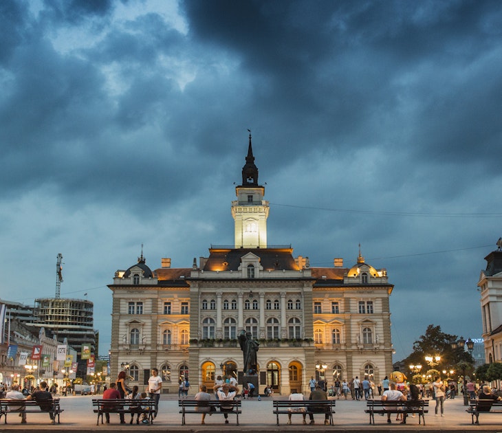 Novi Sad, Serbia - September 03, 2018: Evening at Novi Sad, with people passing by and sitting