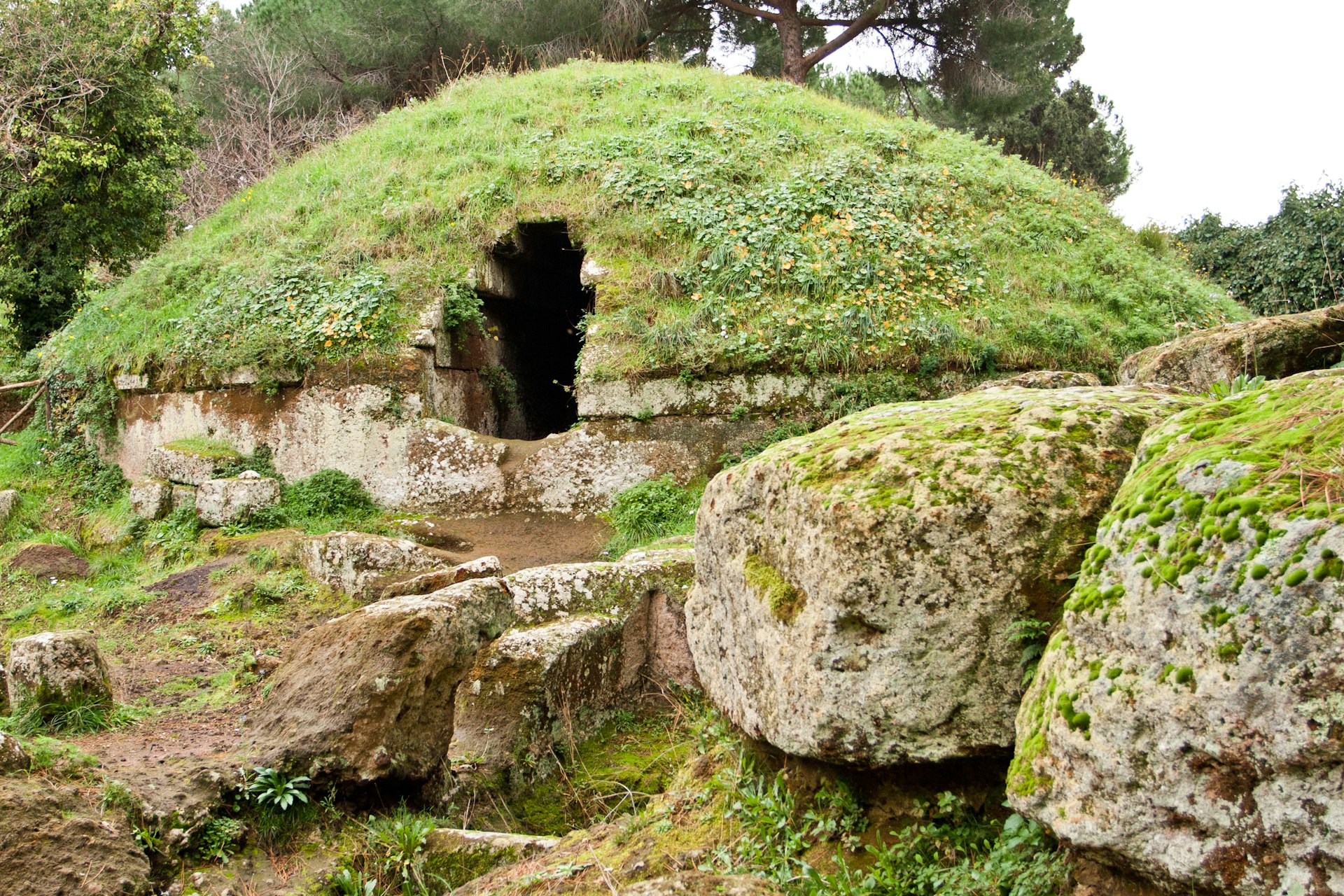 Grass and moss cover stone tombs at the Etruscan necropolis of Cerveteri