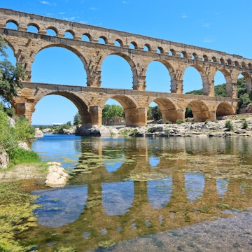 Roman aqueduct Pont du Gard, near Nimes, Languedoc, France, Europe. Unesco World Heritage site