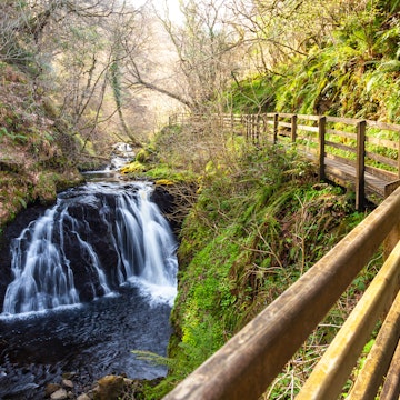 Small waterfall near a wooden path at Glenariff Country Park.