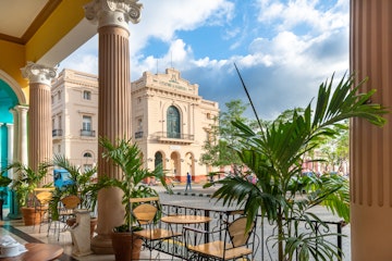 July 10, 2019: Exterior of the Charity Theater or 'Teatro La Caridad', as seen from the porch of the Hotel Central.