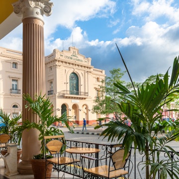 July 10, 2019: Exterior of the Charity Theater or 'Teatro La Caridad', as seen from the porch of the Hotel Central.