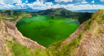 High-angle view of the green Lake Taal.
