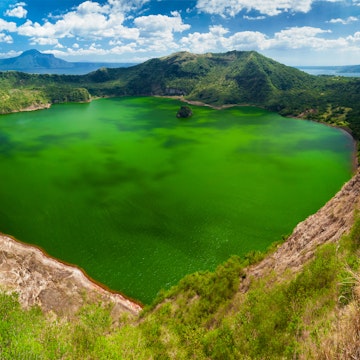High-angle view of the green Lake Taal.