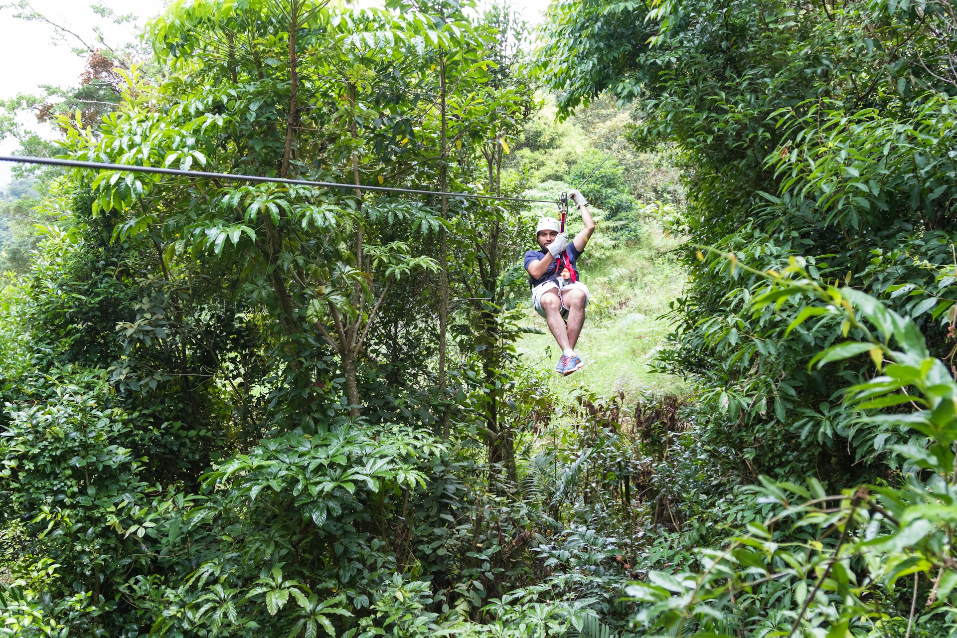 A young adventurous man zip-lining through the cloud forest of Monteverde