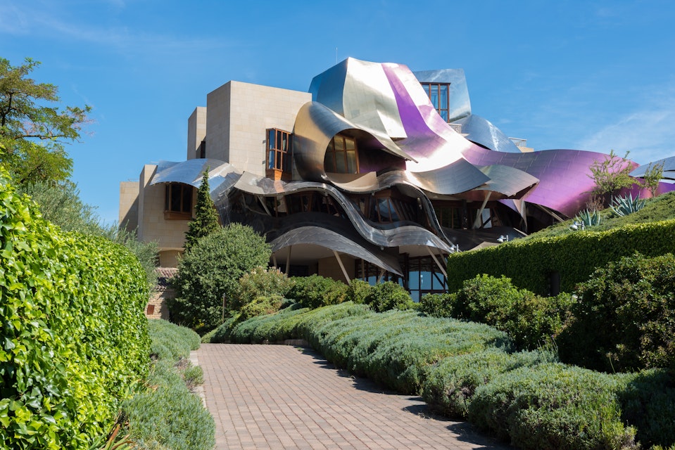 ELCIEGO, SPAIN - SEP 10: The modern hotel of Marques de Riscal on September 10, 2016 in Elciego, Basque Country, Spain. This hotel, designed by Frank Gehry, was built in 2007.