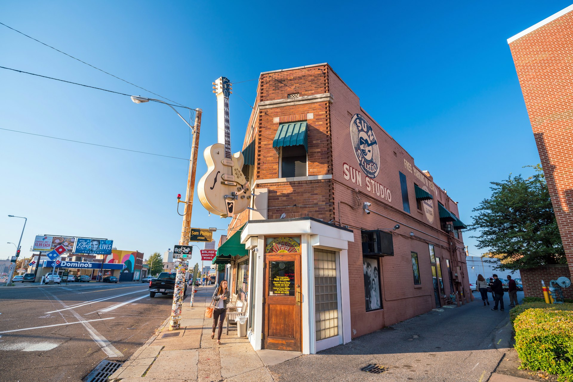 Exterior shot of brick building of Sun Studio in Memphis, Tennessee 