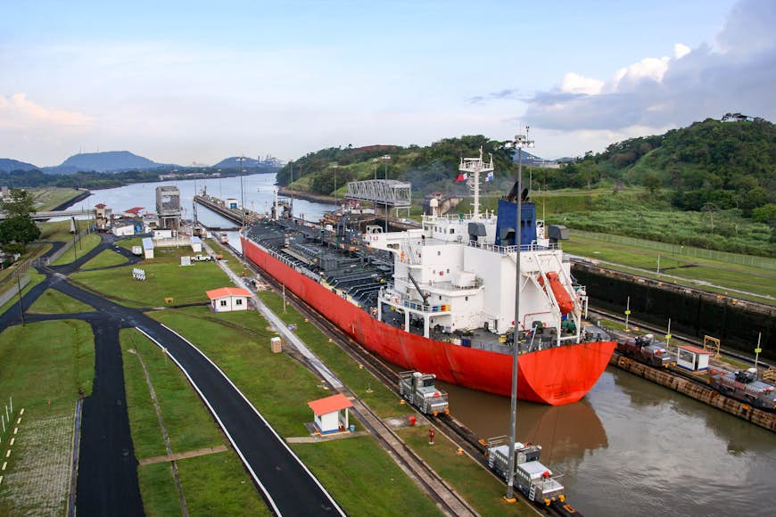 A boat sits on the Panama Canal, an 80 km-long international shipping channel 