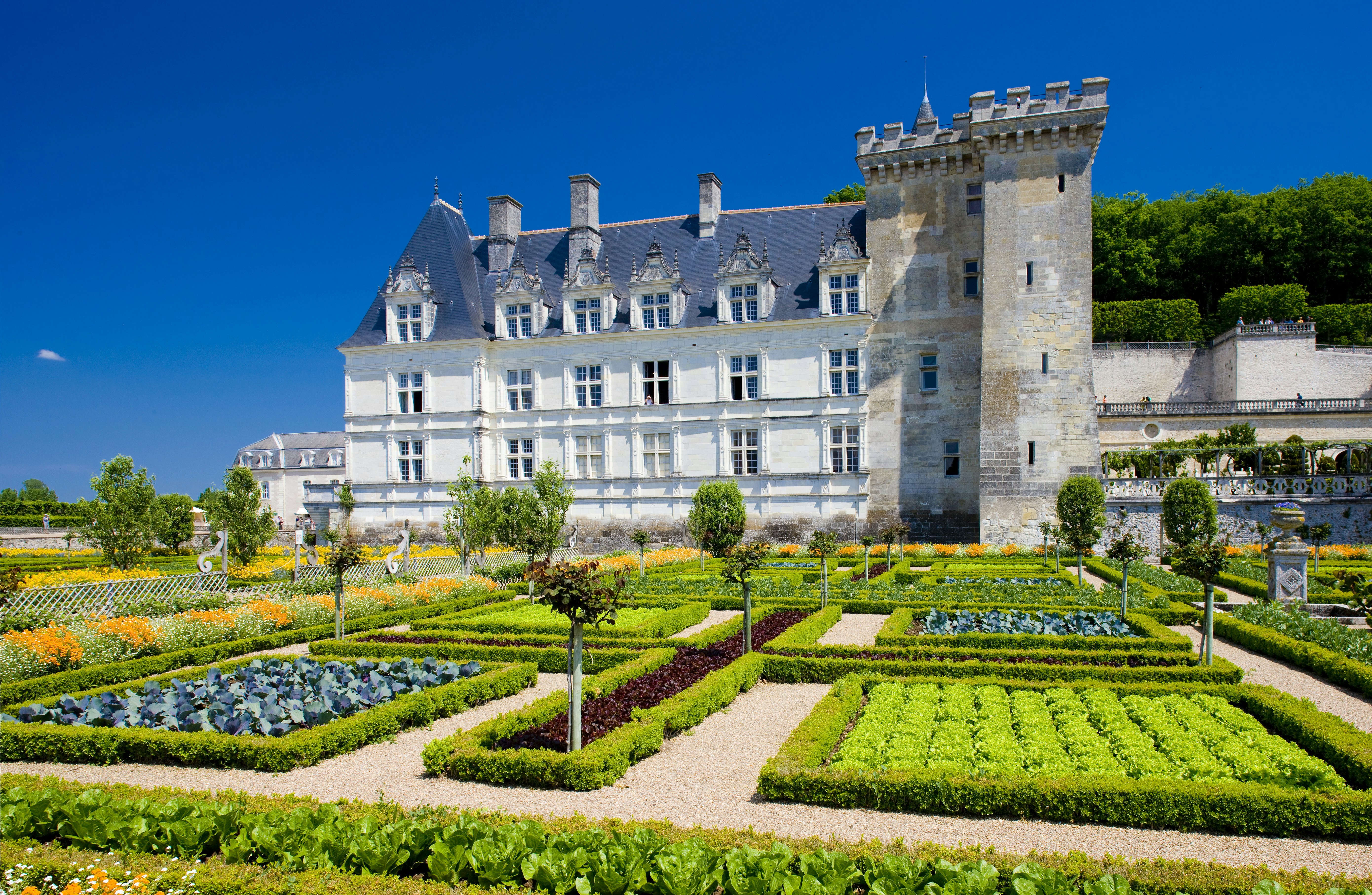 Exterior of Villandry Castle with its manicured garden.