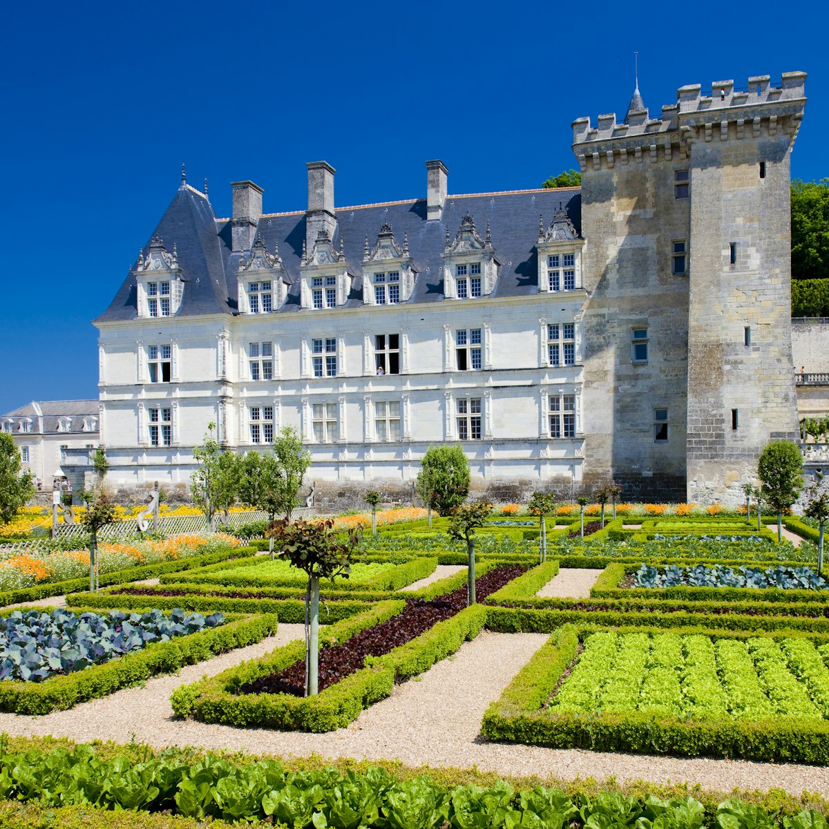 Exterior of Villandry Castle with its manicured garden.