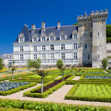 Exterior of Villandry Castle with its manicured garden.