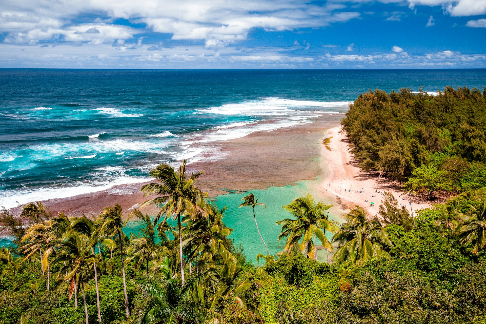 Ke'e Beach backed by palm trees on Kauai