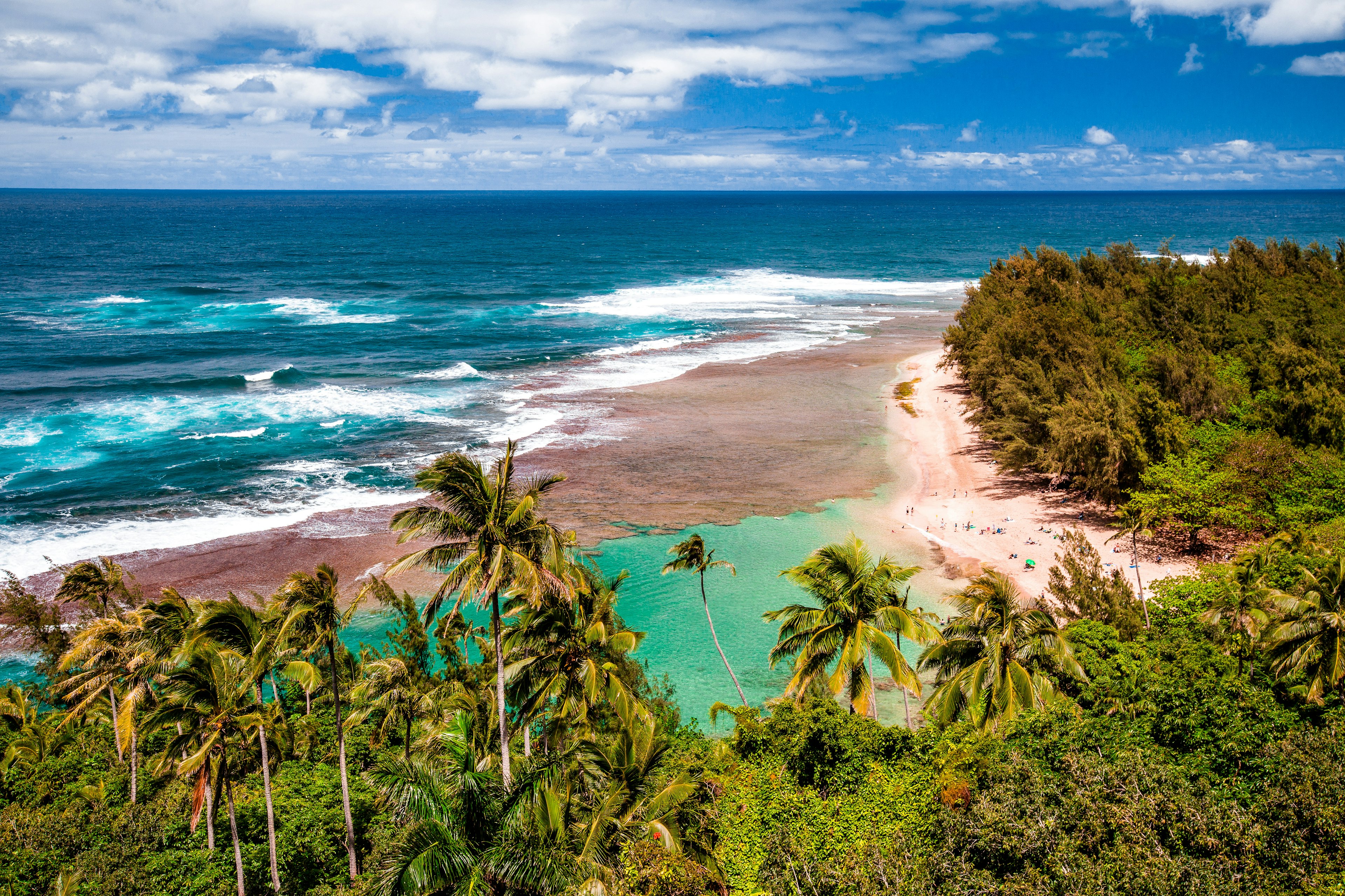 Ke'e Beach backed by palm trees on Kauai